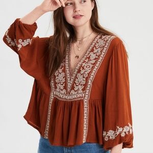 American Eagle Outfitters Women's Rust Embroidered Top
